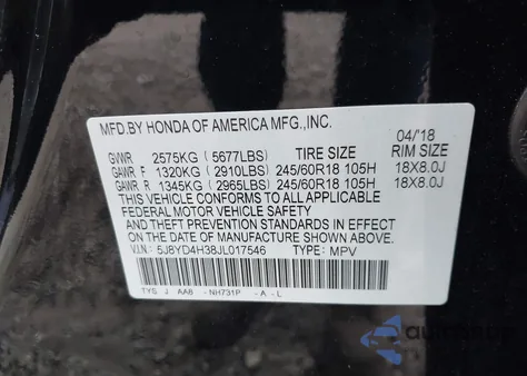 2018 Acura Mdx z USA, uszkodzony, nr VIN 5J8YD4H38JL017546
